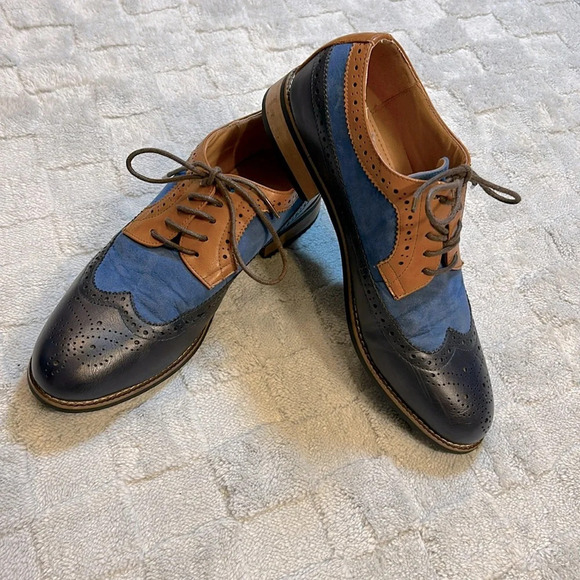 Azar Man Navy Blue & Cognac Leather Suede Lace-Up Oxfords Dress Shoes | Men’s 9 - Picture 2 of 8